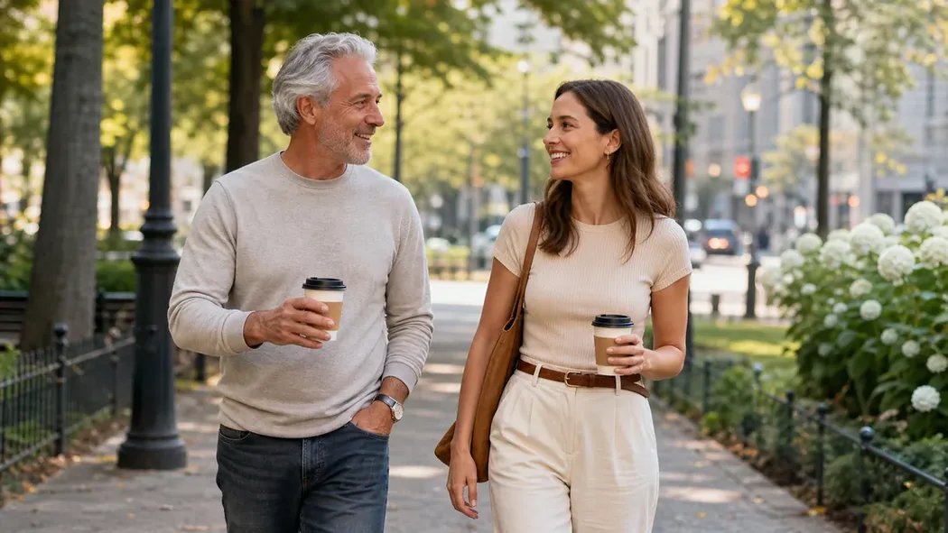 Older man and younger adult woman talking while walking after coffee